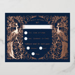 Navy Blue Art Deco Peacocks Roos Gold RSVP-kaart Folie Feestdagen Briefkaart<br><div class="desc">Echte gouden folie aan de voorzijde in goud-,  zilver- of rozen goud met pauw art deco-ontwerp op een aangepaste kleurachtergrond,  opgezet als een briefkaart om terug te keren naar de afzender</div>
