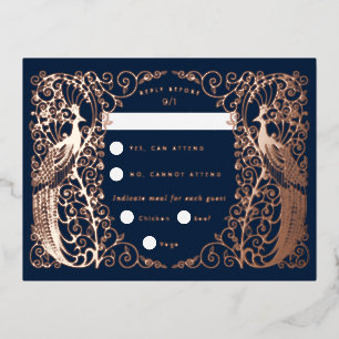 Navy Blue Art Deco Peacocks Roos Gold RSVP-kaart Folie Feestdagen Briefkaart