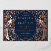 Navy Blue Art Deco Peacocks Wedding Roos Gold Folie Uitnodiging (Voorkant)