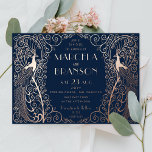 Navy Blue Art Deco Peacocks Wedding Roos Gold Folie Uitnodiging<br><div class="desc">Echte bladgoud aan de voorzijde in goud,  zilver of roos goud met een scherp gekleurd decodesign op maat</div>