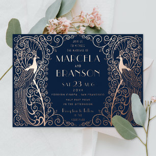 Navy Blue Art Deco Peacocks Wedding Roos Gold Folie Uitnodiging
