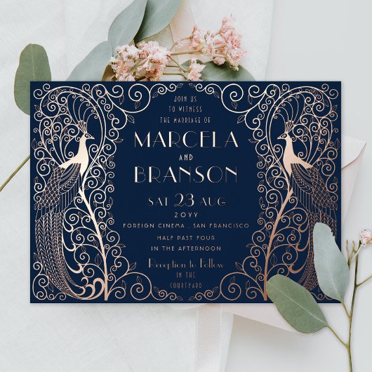 Navy Blue Art Deco Peacocks Wedding Roos Gold Folie Uitnodiging