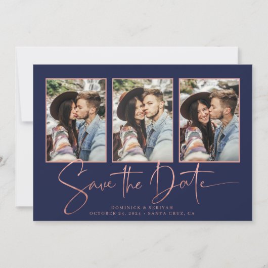 Navy Blue Art Deco Roos Gold Save the Date (Voorkant)