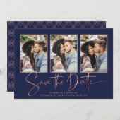 Navy Blue Art Deco Roos Gold Save the Date (Voorkant / Achterkant)