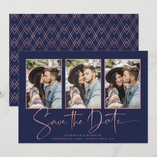 Navy Blue Art Deco Roos Gold Save the Date (Voorkant / Achterkant)