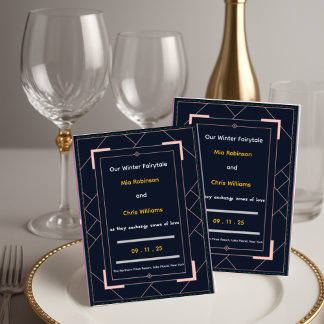 Navy Blue Art Deco Rose Gold Geometric Wedding Kaart