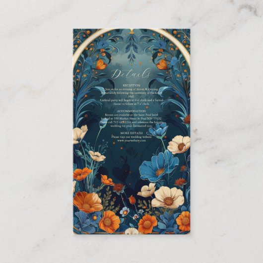 Navy Blue Art Nouveau bruiloft Informatiekaartje (Voorkant)