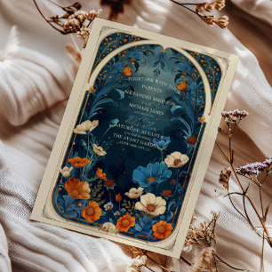 Navy Blue Art Nouveau bruiloft Kaart