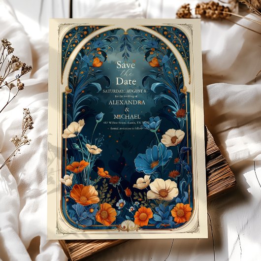  Navy Blue Art Nouveau bruiloft Save The Date