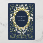 Navy Blue Art Nouveau geïnspireerd bruiloft Folie Uitnodiging (Voorkant)