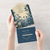 Navy Blue Art Nouveau Huwelijk All In One Uitnodiging (Afscheurbaar)