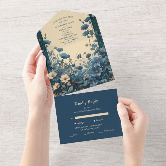 Navy Blue Art Nouveau Huwelijk All In One Uitnodiging (Afscheurbaar)