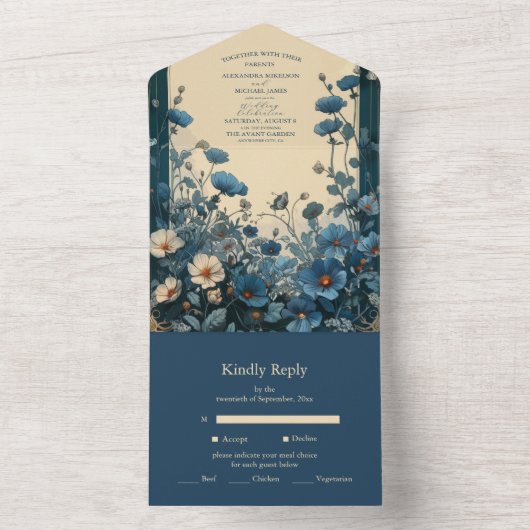 Navy Blue Art Nouveau Huwelijk All In One Uitnodiging (Binnen)