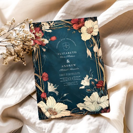 Navy Blue Art Nouveau Huwelijk Kaart