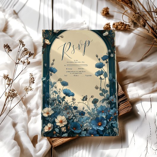 Navy Blue Art Nouveau Huwelijk RSVP Kaartje