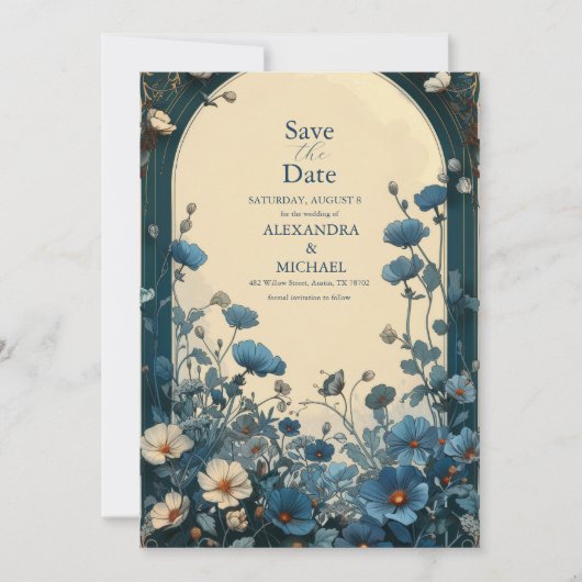 Navy Blue Art Nouveau Huwelijk Save The Date (Voorkant)