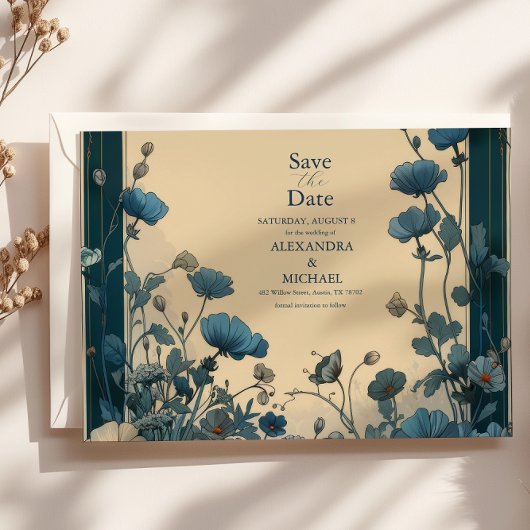 Navy Blue Art Nouveau Huwelijk Save The Date