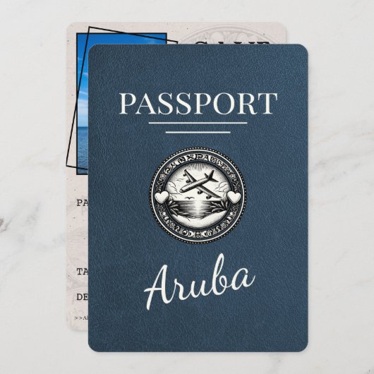 Navy Blue Aruba Passport Bewaar de datum Save The Date (Voorkant / Achterkant)