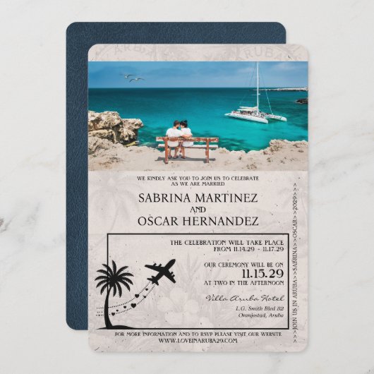 Navy Blue Aruba Passport Wedding Invitation Kaart (Voorkant / Achterkant)