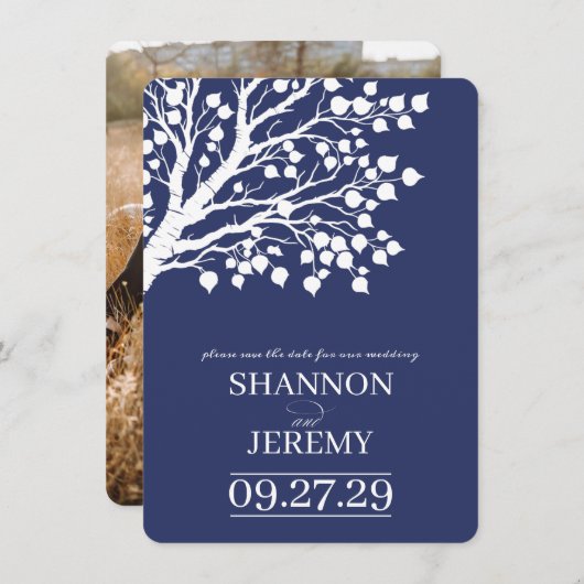 Navy Blue Aspen Tree Wedding Save The Date (Voorkant / Achterkant)