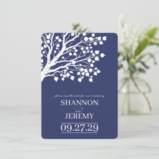 Navy Blue Aspen Tree Wedding Save The Date (Staand voorkant)