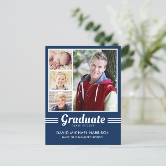 Navy Blue Athlete Multi-Photo Afstuderen Briefkaart (Staand voorkant)