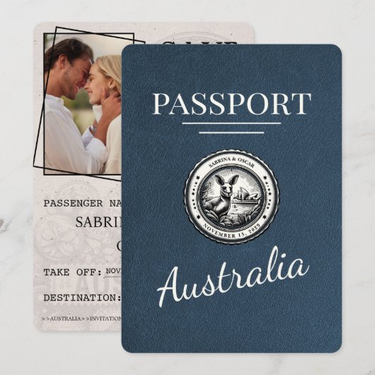 Navy Blue Australia Passport Bewaar de datum Save The Date (Voorkant / Achterkant)