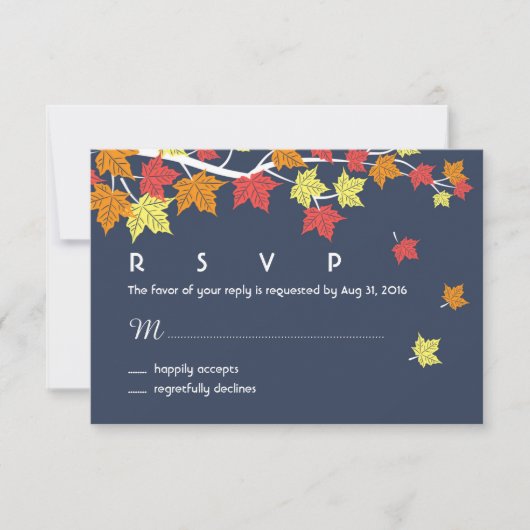 Navy Blue Autumn Wedding RSVP Kaart Maple Leaves (Voorkant)