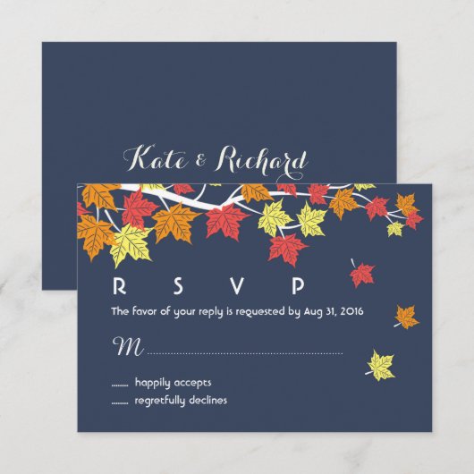 Navy Blue Autumn Wedding RSVP Kaart Maple Leaves (Voorkant / Achterkant)