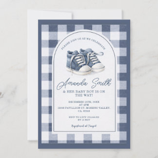 Navy Blue BabShoes Gingham Baby Shower Invitation, Kaart