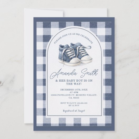 Navy Blue BabShoes Gingham Baby Shower Invitation, Kaart (Voorkant)