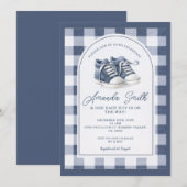 Navy Blue BabShoes Gingham Baby Shower Invitation, Kaart (Voorkant / Achterkant)
