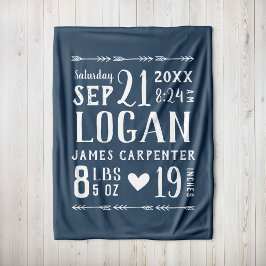 Navy Blue Baby Boy Geboortestatistieken Keepsake Fleece Deken