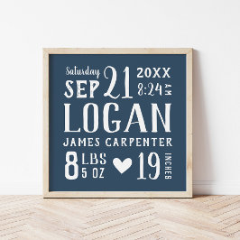 Navy Blue Baby Boy Geboortestatistieken Keepsake Poster