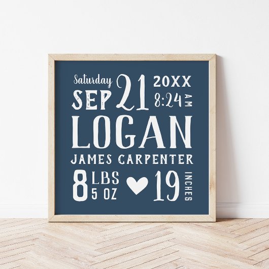 Navy Blue Baby Boy Geboortestatistieken Keepsake Poster