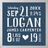 Navy Blue Baby Boy Geboortestatistieken Keepsake Poster (Voorkant)