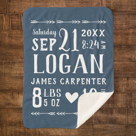 Navy Blue Baby Boy Geboortestatistieken Keepsake Sherpa Deken