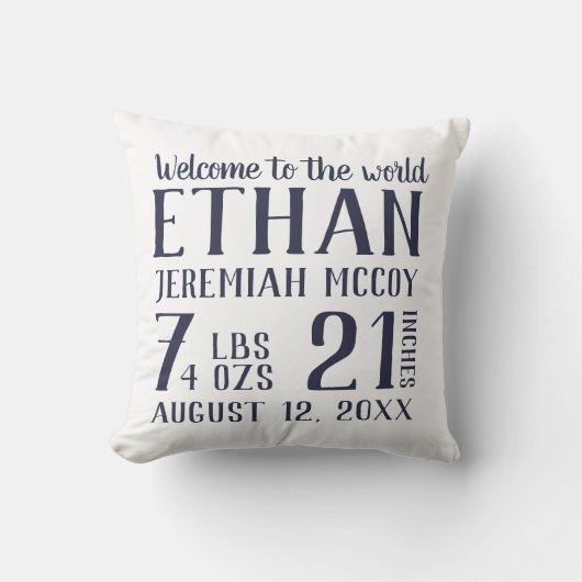 Navy Blue Baby Nursery Birth Stats Kussen (Voorkant)