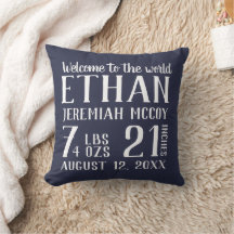 Navy Blue Baby Nursery Birth Stats Pillow