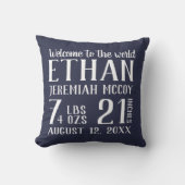 Navy Blue Baby Nursery Birth Stats Pillow Kussen (Voorkant)
