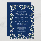 Navy Blue Baby's Breath Border Bruiloft Uitnodigin Kaart (Voorkant / Achterkant)