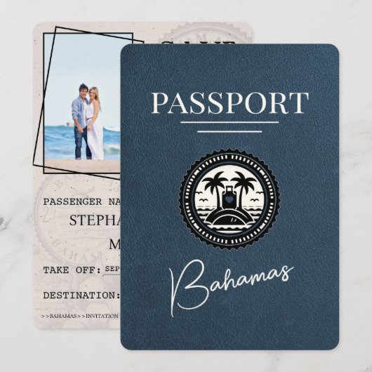 Navy Blue Bahama's Passport Bewaar de datum Save The Date (Voorkant / Achterkant)