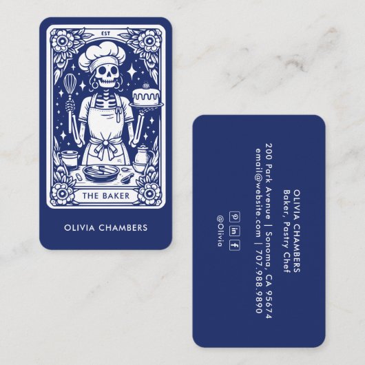 Navy Blue Baker Tarot Skeleton Pastry Chef Visitekaartje (Voorkant / Achterkant)