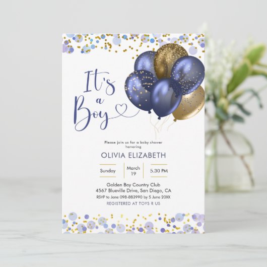 Navy Blue Ballon Het Is Een Jongen Baby Shower Kaart (Staand voorkant)