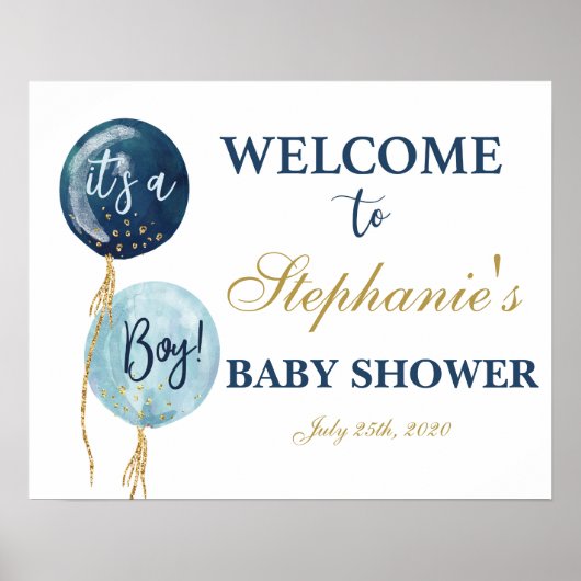 Navy blue ballons baby shower boy welkomstbord poster (Voorkant)