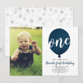 Navy Blue Balloon Boy Eerste Verjaardag met Foto Kaart (Voorkant / Achterkant)