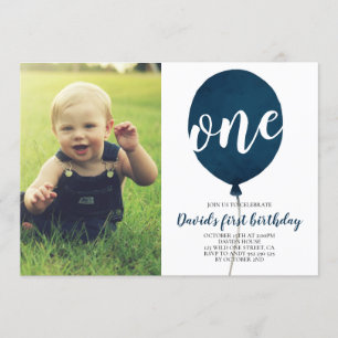 Navy Blue Balloon Boy Eerste Verjaardag met Foto Kaart