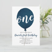 Navy Blue Balloon Boy First Birthday Kaart (Staand voorkant)
