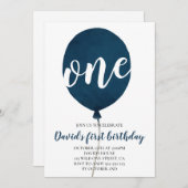 Navy Blue Balloon Boy First Birthday Kaart (Voorkant / Achterkant)