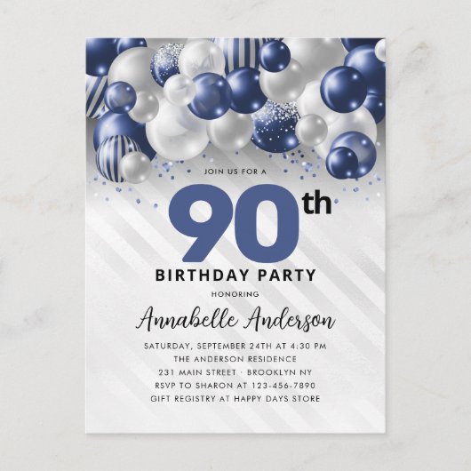 Navy Blue Balloon Glitter 90e verjaardag Briefkaart (Voorkant)
